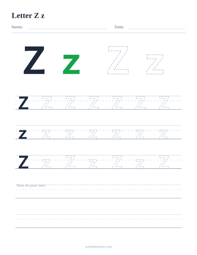 Letter Z tracing worksheet — uppercase and lowercase practice with dashed letters