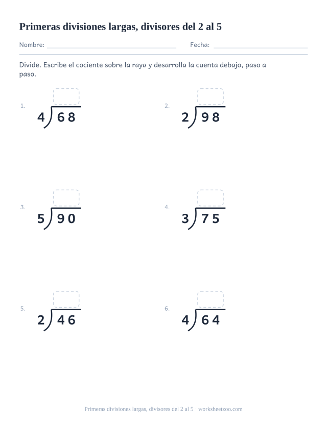 Ficha de división larga con dividendos de dos cifras y divisores del 2 al 5, sin resto