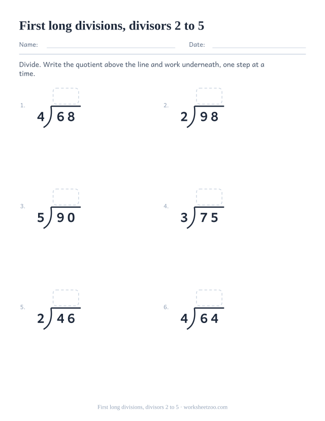Long division worksheet with two-digit dividends and divisors from two to five, no remainders