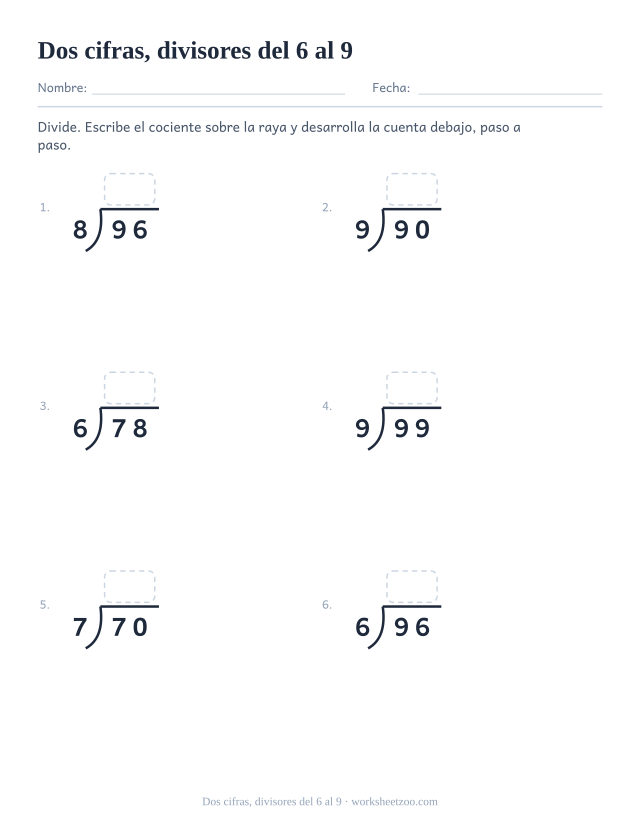 Ficha de división larga para dividir números de dos cifras entre 6, 7, 8 y 9