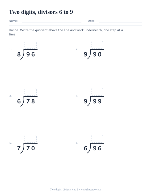 Long division worksheet dividing two-digit numbers by six, seven, eight and nine