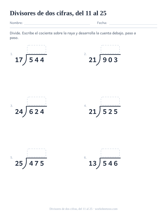 Ficha de división larga con dividendos de tres cifras y divisores de dos cifras del 11 al 25