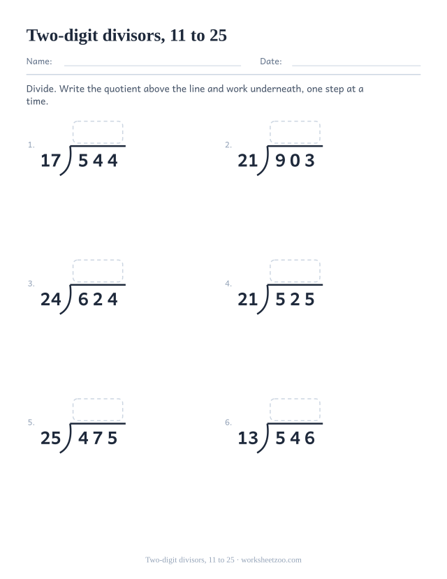 Long division worksheet with three-digit dividends and two-digit divisors from eleven to twenty five