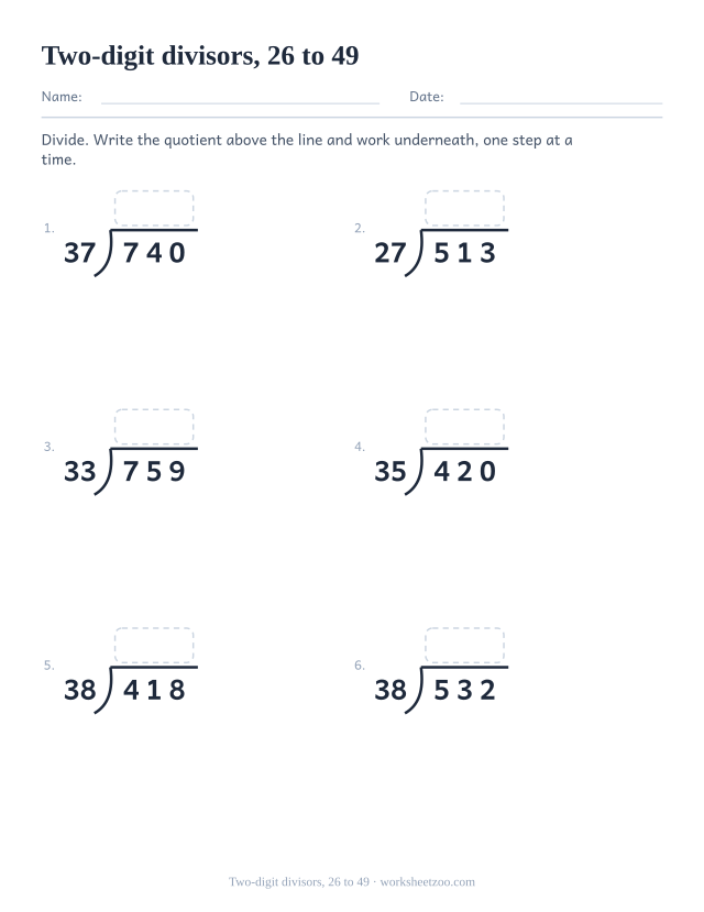 Long division worksheet dividing three-digit numbers by divisors between twenty six and forty nine