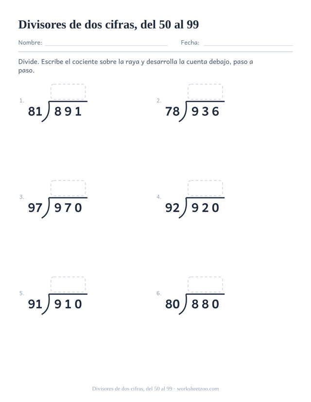 Ficha de división larga con divisores grandes de dos cifras, del 50 al 99