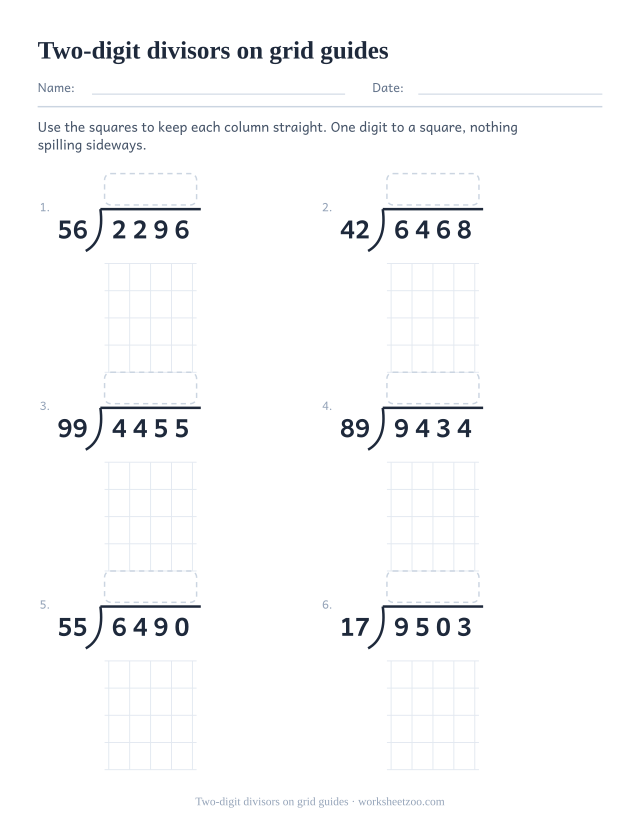 Grid-guided long division worksheet with two-digit divisors and four-digit dividends
