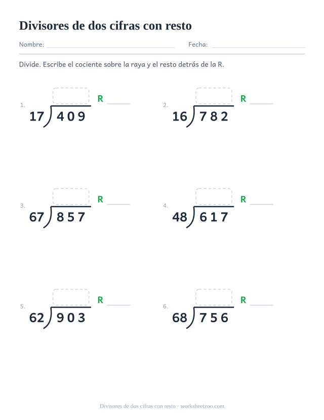 Ficha de división larga con divisores de dos cifras en la que toda división deja resto