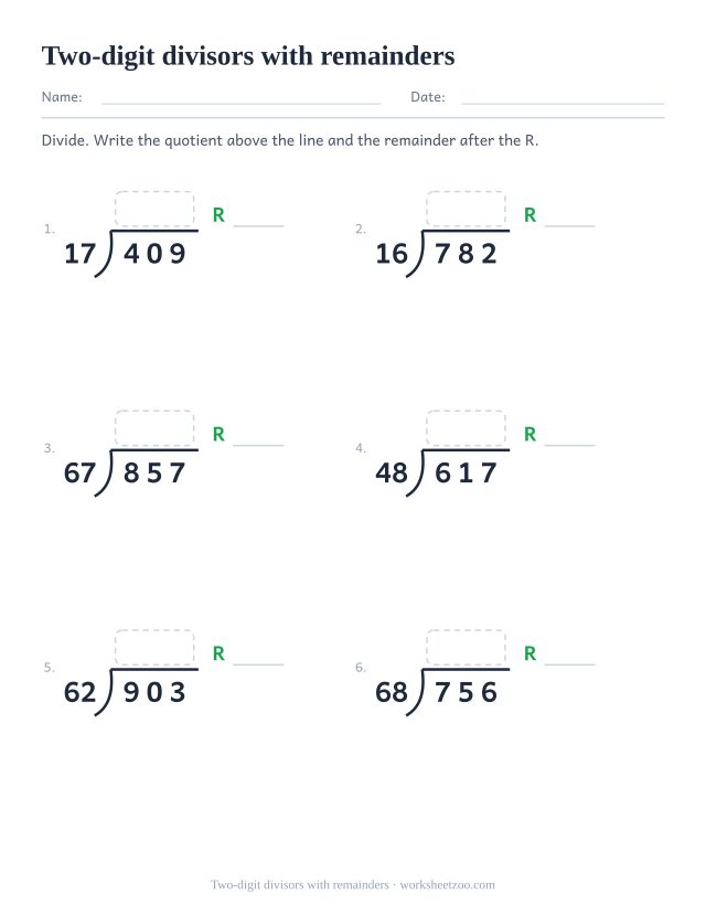 Long division worksheet with two-digit divisors where every division leaves a remainder
