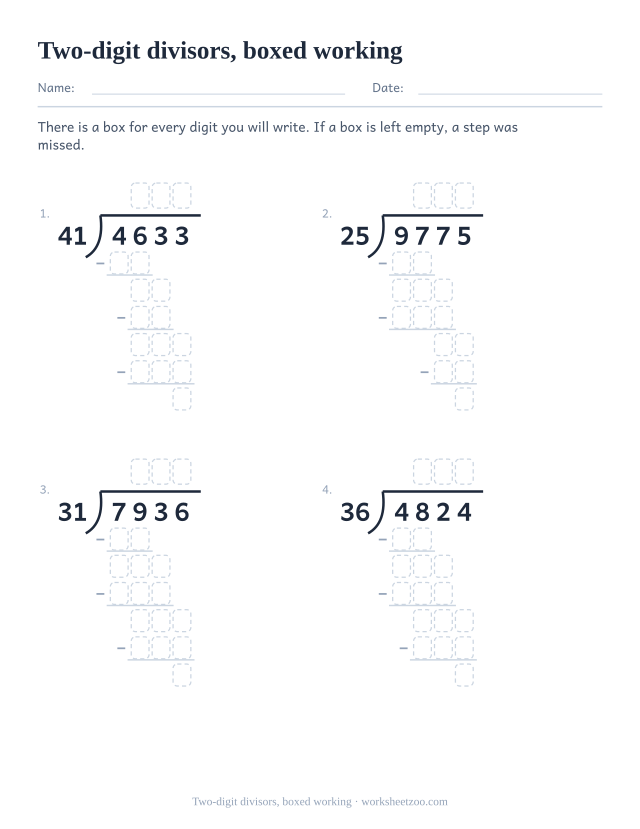 Step by step long division worksheet with two-digit divisors and dashed working boxes