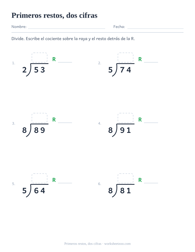 Ficha de división larga con dividendos de dos cifras que siempre dejan resto