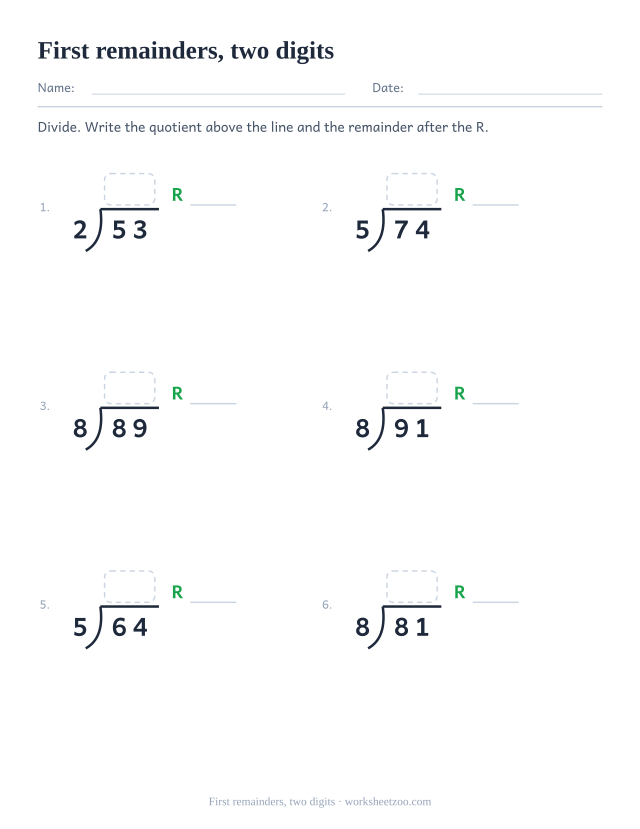 Long division worksheet with two-digit dividends that all leave a remainder