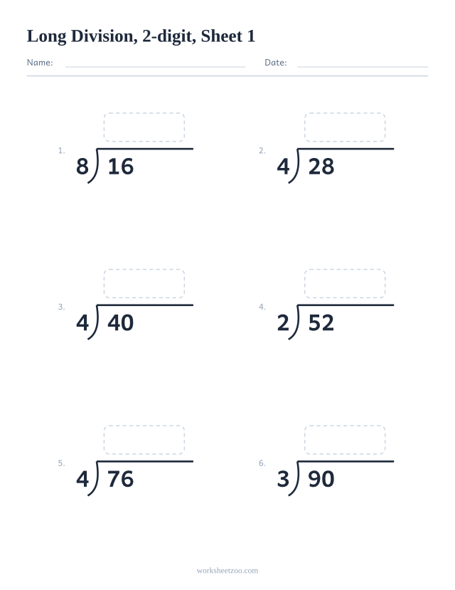 Long division worksheet, 2-digit dividends, 6 bracket problems with work space, sheet 1