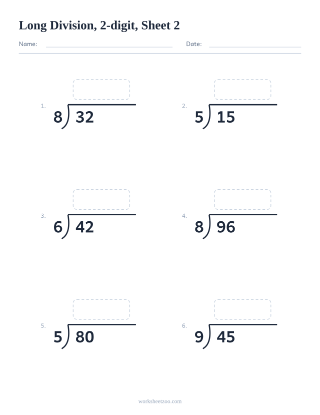 Long division worksheet, 2-digit dividends, 6 bracket problems with work space, sheet 2