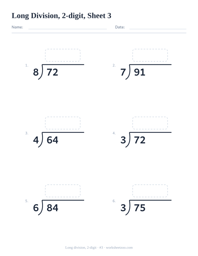 Long division worksheet, 2-digit dividends divided by 2 to 9, 6 bracket problems with work space, sheet 3