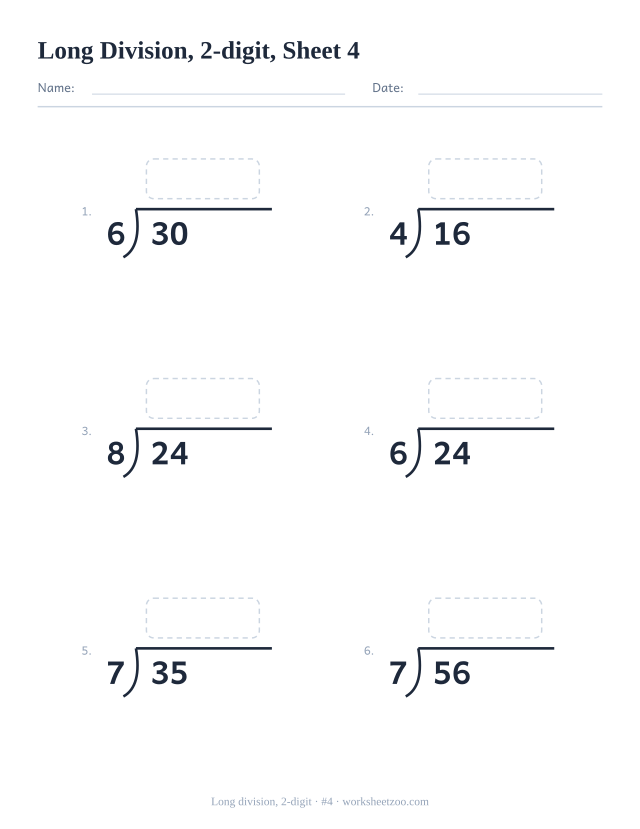 Long division worksheet, 2-digit dividends divided by 3 to 8, 6 bracket problems with work space, sheet 4