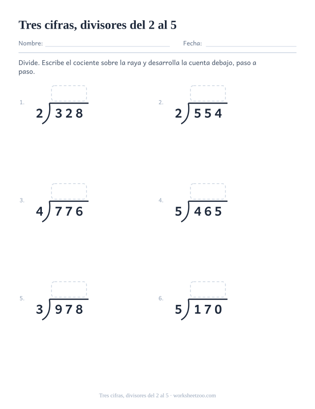 Ficha de división larga con dividendos de tres cifras entre 2, 3, 4 y 5