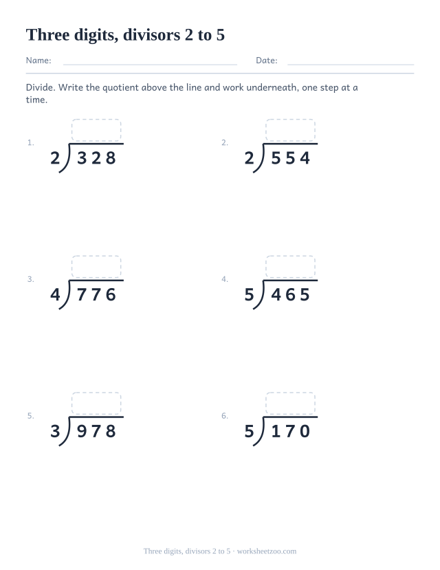 Long division worksheet with three-digit dividends divided by two, three, four and five