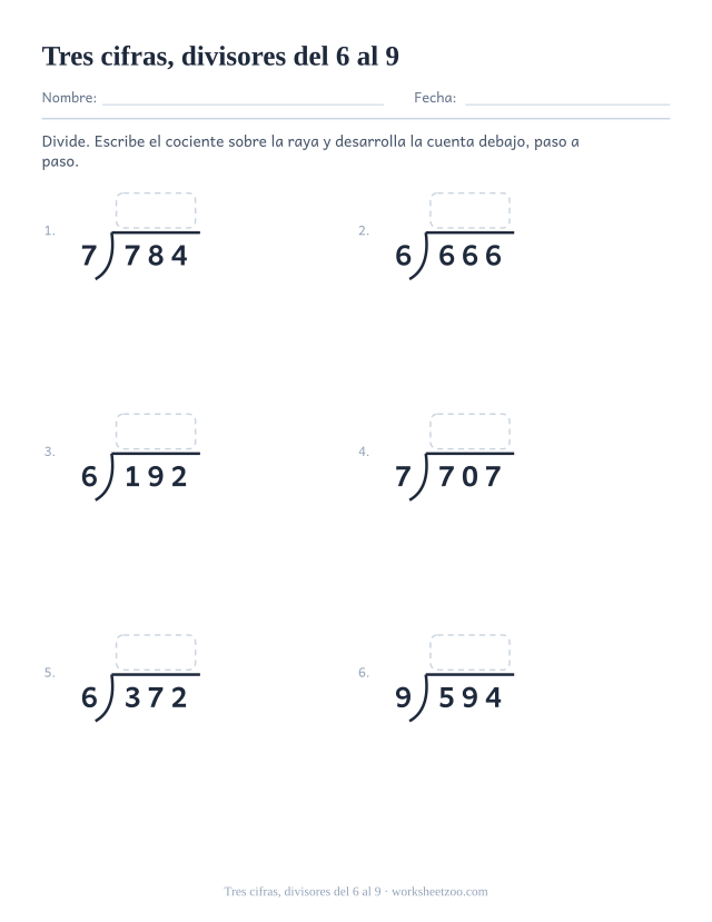 Ficha de división larga para dividir números de tres cifras entre 6, 7, 8 y 9