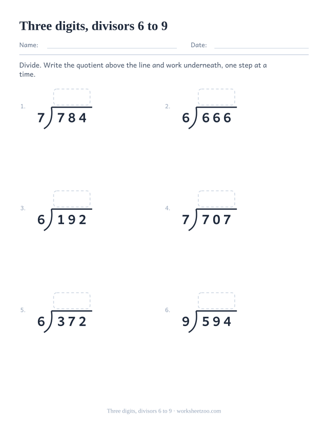 Long division worksheet dividing three-digit numbers by six, seven, eight and nine