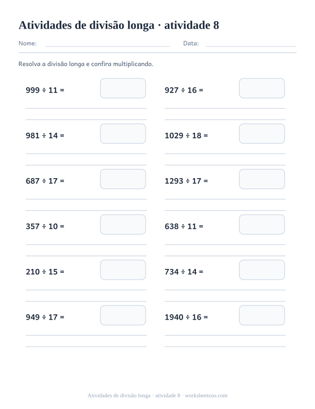 Prévia de Atividades de divisão longa, atividade 8 para imprimir