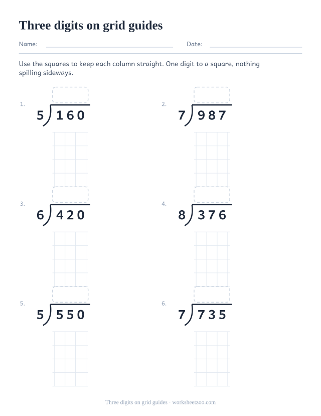 Grid-guided long division worksheet with faint squares under three-digit dividends