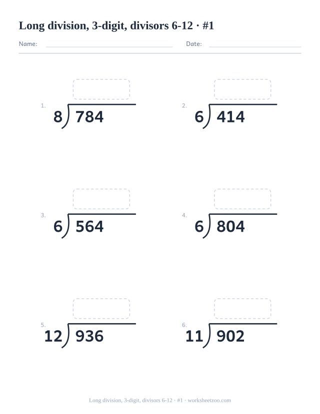 Long division worksheet with three-digit dividends and divisors from 6 to 12