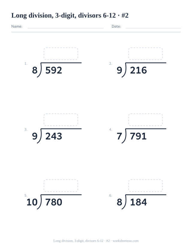 Second three-digit long division worksheet with divisors between 6 and 12