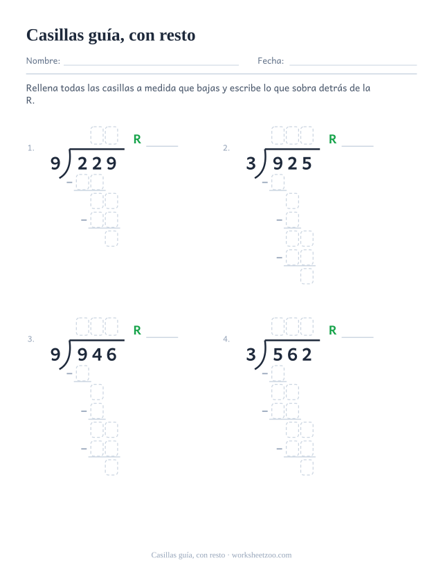 Ficha de división larga con casillas de desarrollo y una línea de resto en cada problema