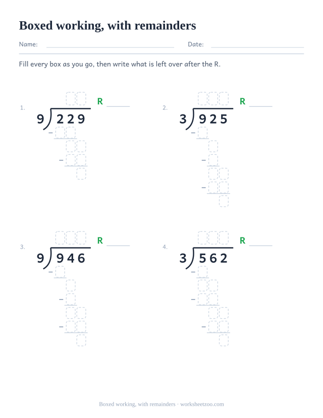 Long division worksheet with dashed working boxes and a remainder line on each problem