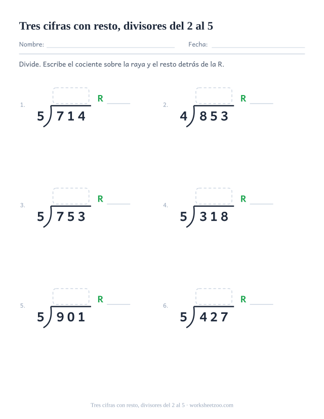 Ficha de división larga con dividendos de tres cifras, divisores pequeños y resto