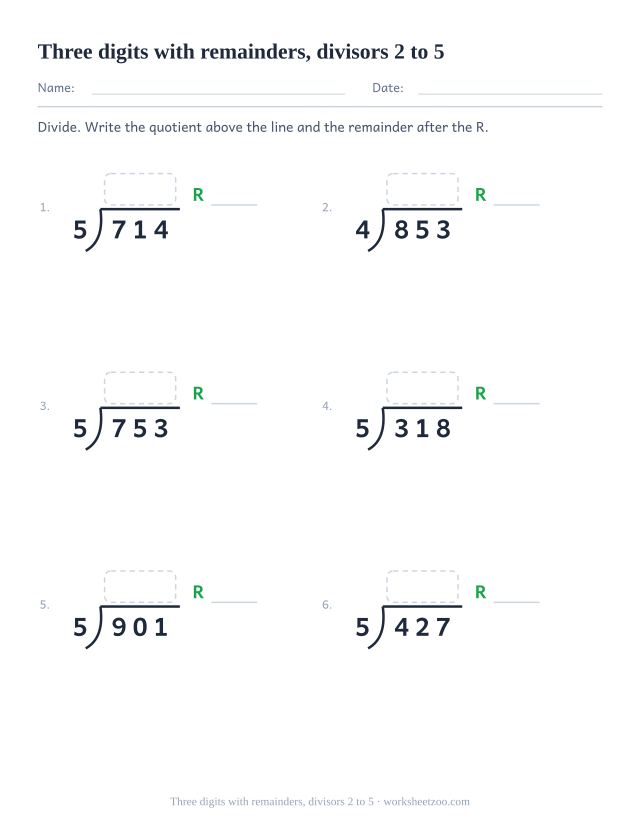 Long division worksheet with three-digit dividends, small divisors and remainders