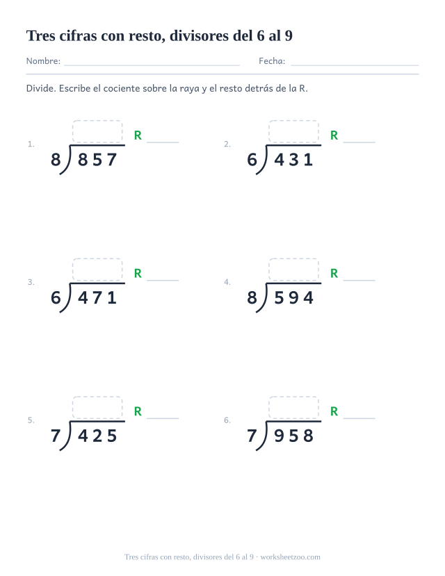 Ficha de división larga de tres cifras entre 6 y 9 con resto