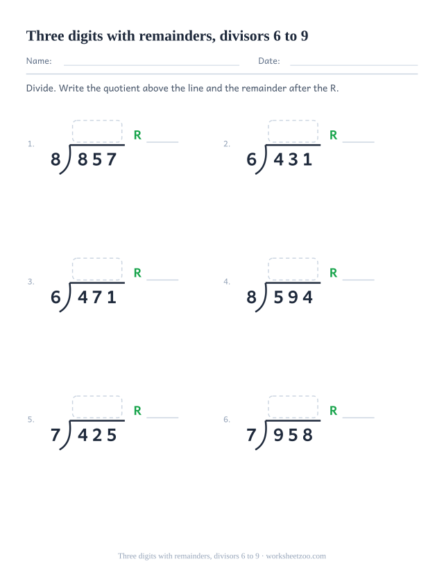 Long division worksheet dividing three-digit numbers by six to nine with remainders