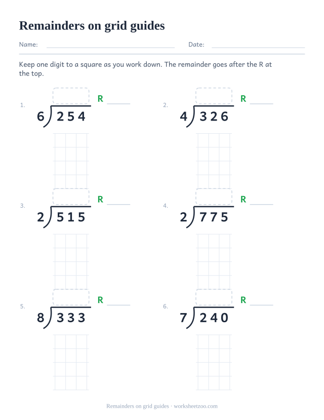 Grid-guided long division worksheet with three-digit dividends and remainders