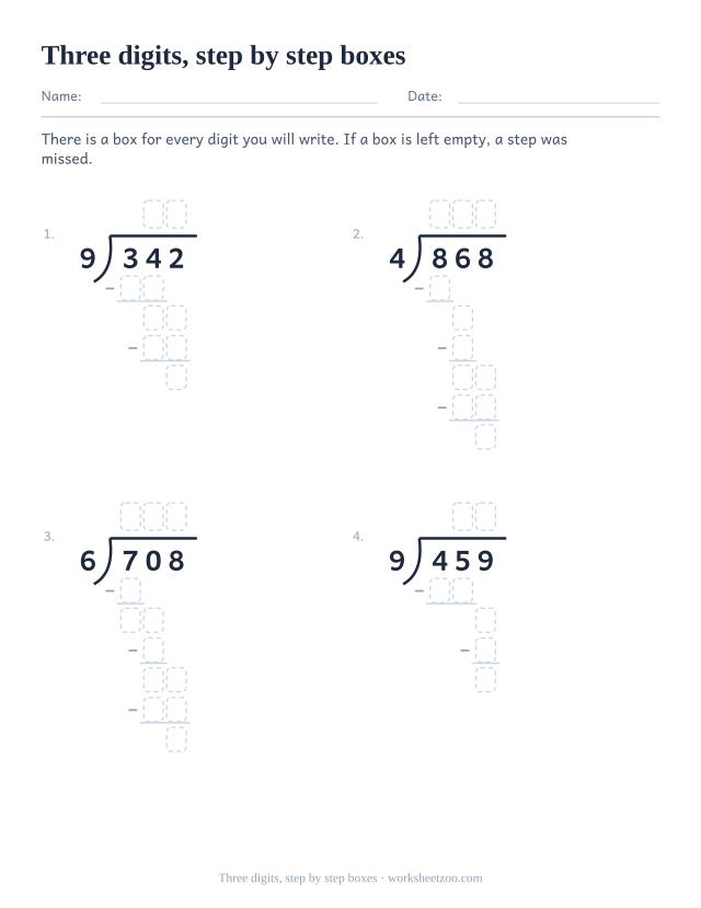 Step by step long division worksheet with a dashed box for every digit of the working