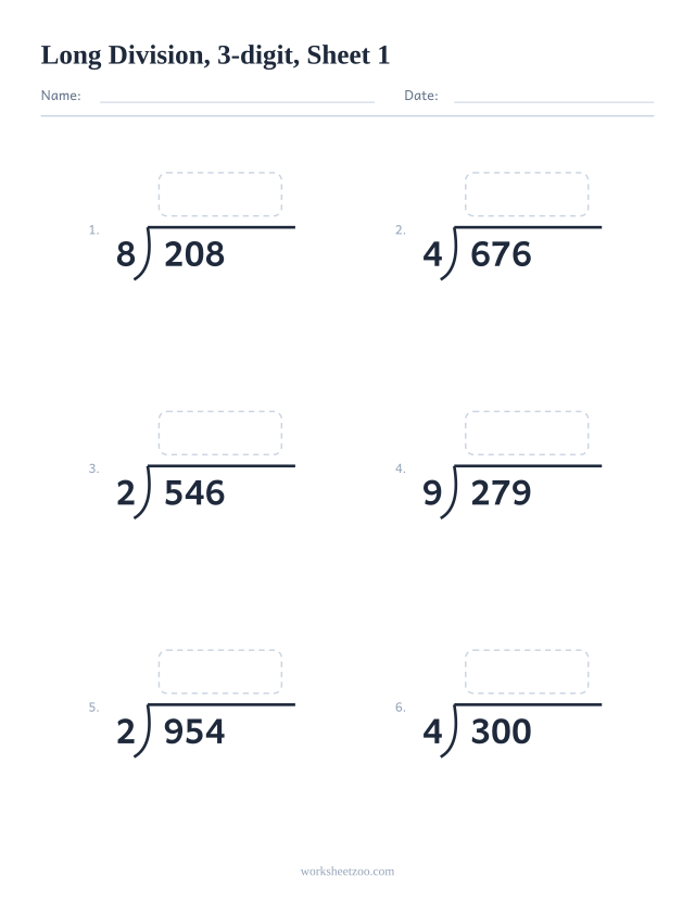 Long division worksheet, 3-digit dividends, 6 bracket problems with work space, sheet 1