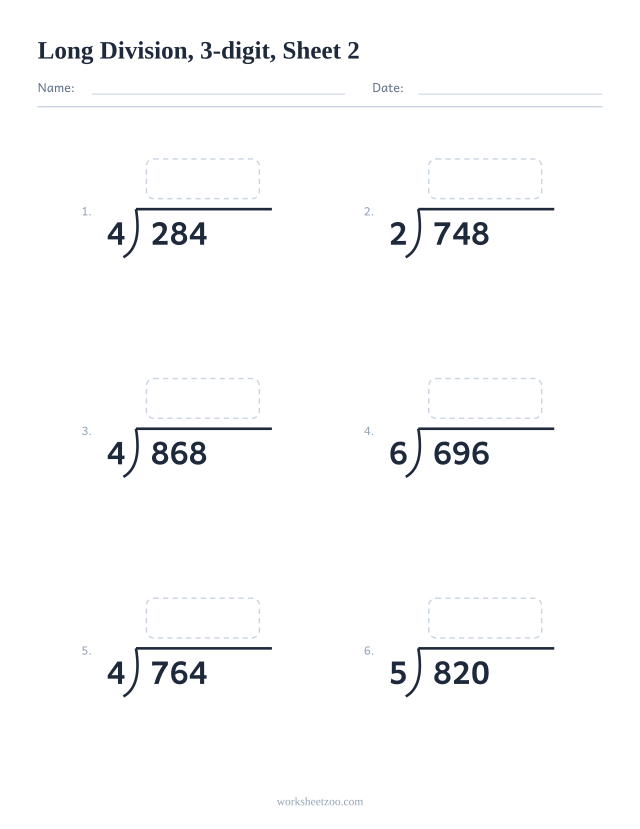 Long division worksheet, 3-digit dividends, 6 bracket problems with work space, sheet 2