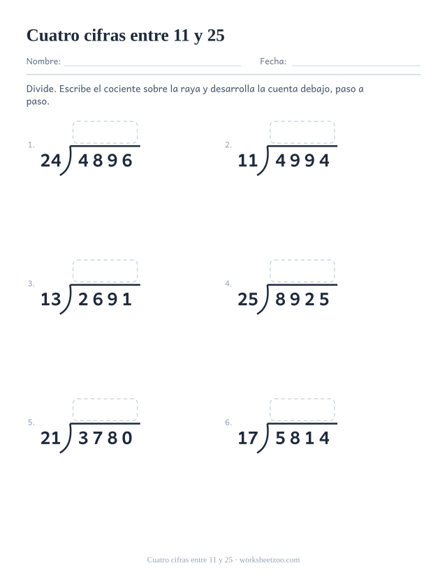 Ficha de división larga de números de cuatro cifras entre divisores de dos cifras hasta 25