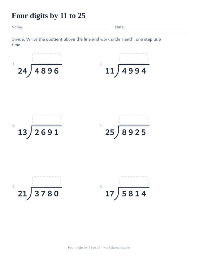 Long division worksheet dividing four-digit numbers by two-digit divisors up to twenty five