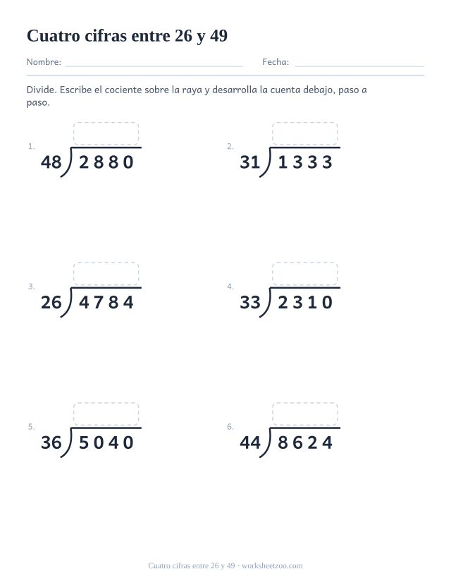 Ficha de división larga con dividendos de cuatro cifras y divisores del 26 al 49