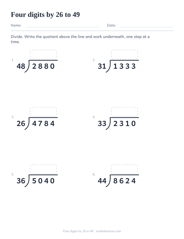 Long division worksheet with four-digit dividends and divisors between twenty six and forty nine