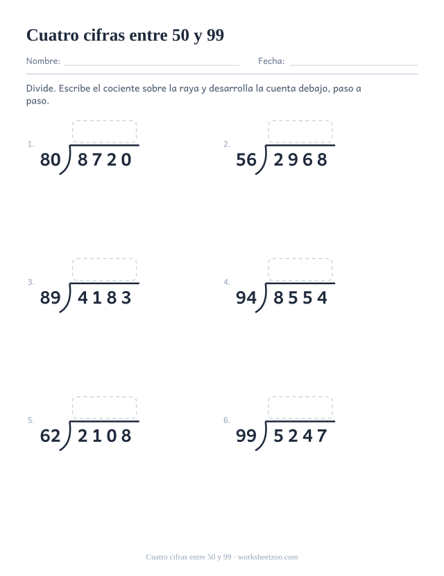 Ficha de división larga de cuatro cifras entre divisores del 50 al 99