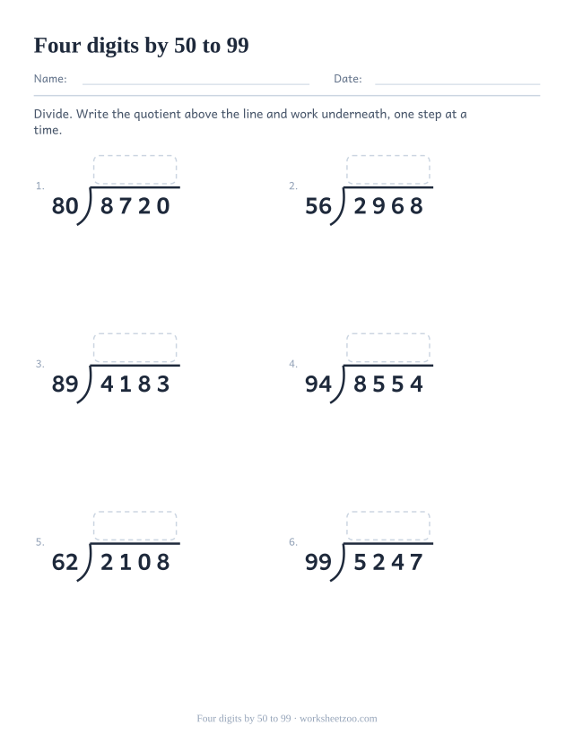 Long division worksheet dividing four-digit numbers by divisors from fifty to ninety nine