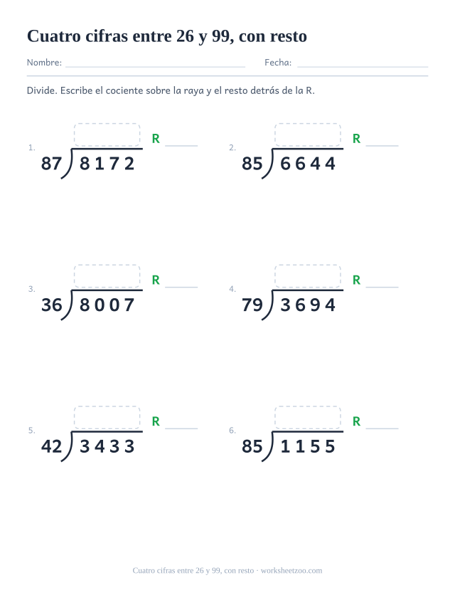 Ficha de división larga con cuatro cifras, divisores grandes de dos cifras y resto