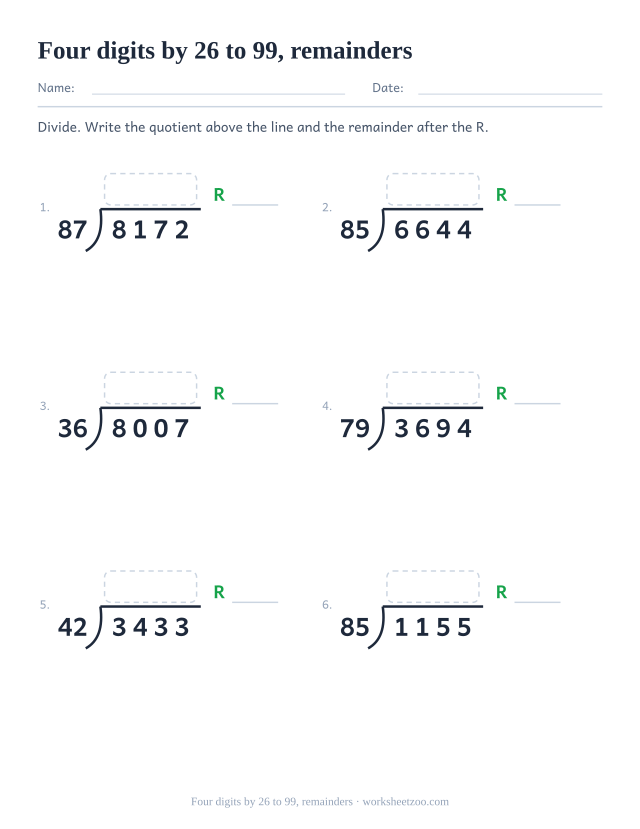 Long division worksheet with four-digit dividends, large two-digit divisors and remainders