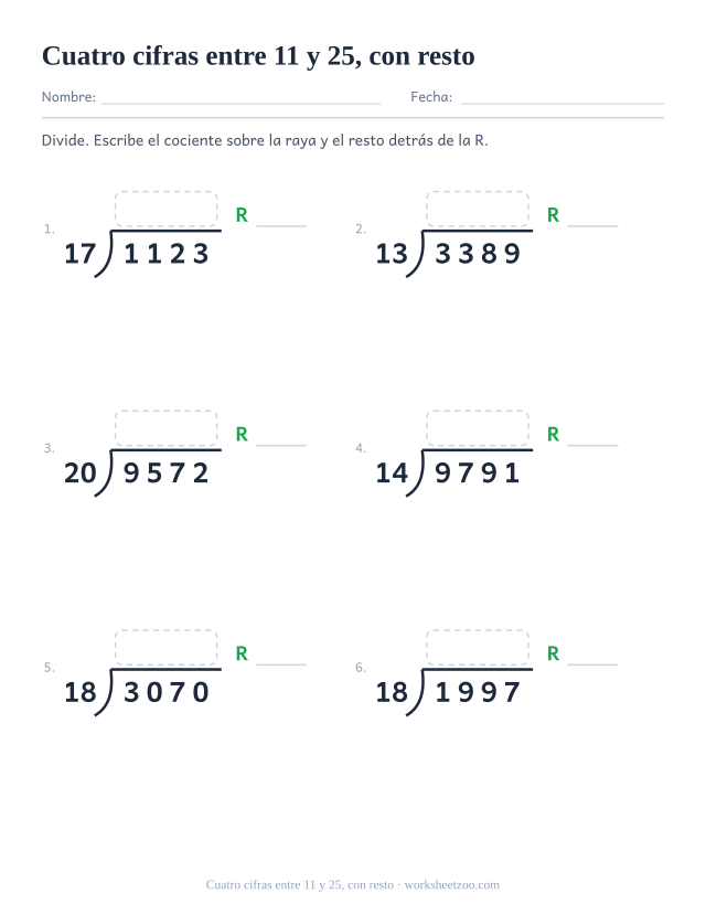 Ficha de división larga con cuatro cifras, divisores pequeños de dos cifras y resto