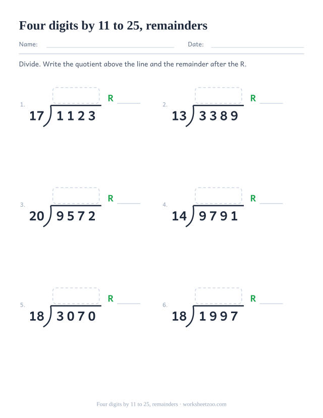Long division worksheet with four-digit dividends, small two-digit divisors and remainders