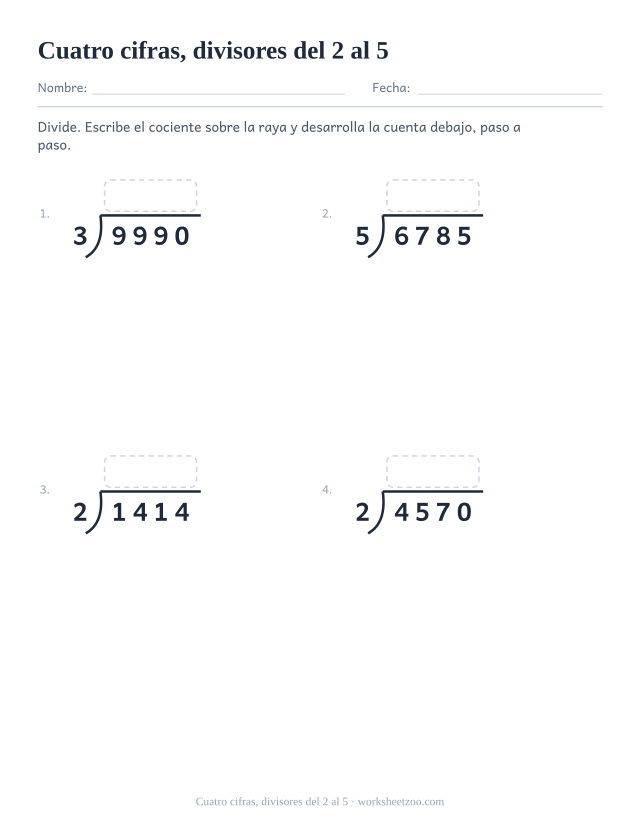 Ficha de división larga con dividendos de cuatro cifras y divisores de una cifra del 2 al 5