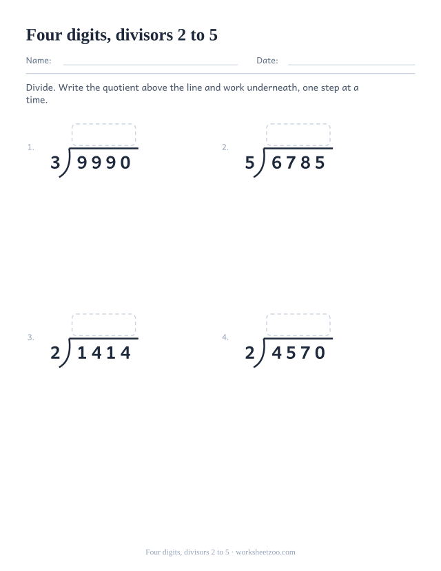 Long division worksheet with four-digit dividends and single-digit divisors two to five