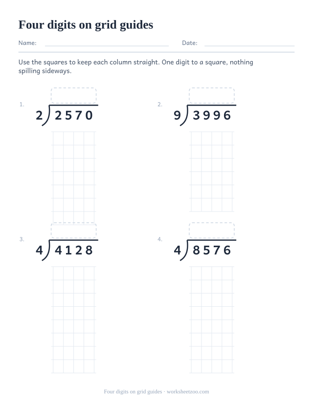 Grid-guided long division worksheet for four-digit dividends with ruled working squares